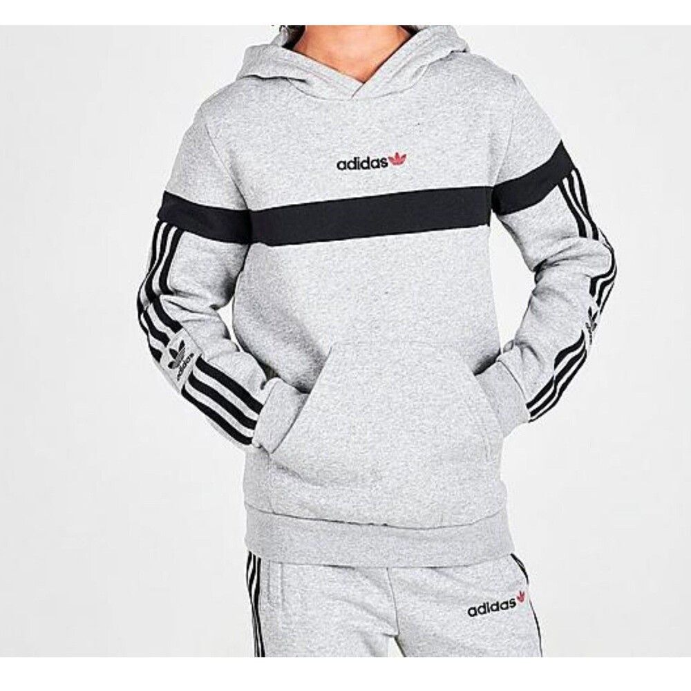 Adidas Originals 3 Stripe Itasca Fleece Hoody Youth Boy's  S Heather Grey Navy